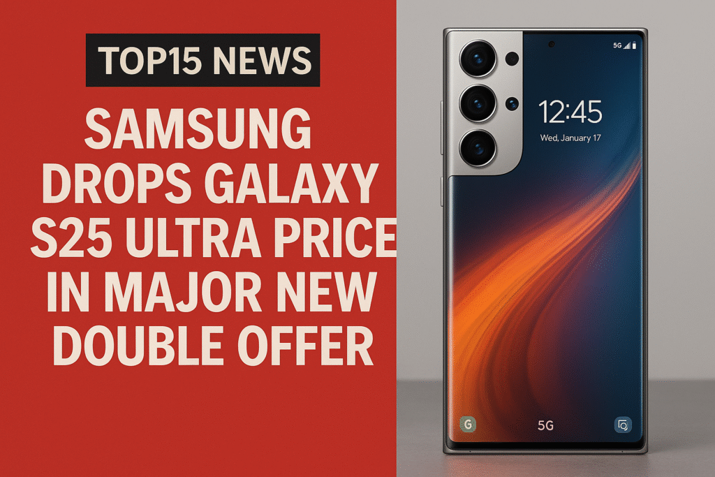 Samsung S25 Ultra 5G 2025 smartphone with price drop and double offer banner powered by Top15 News