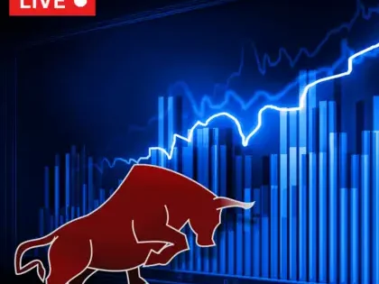 Stock Market Update showing Sensex and Nifty charts with red and green candles under market volatility